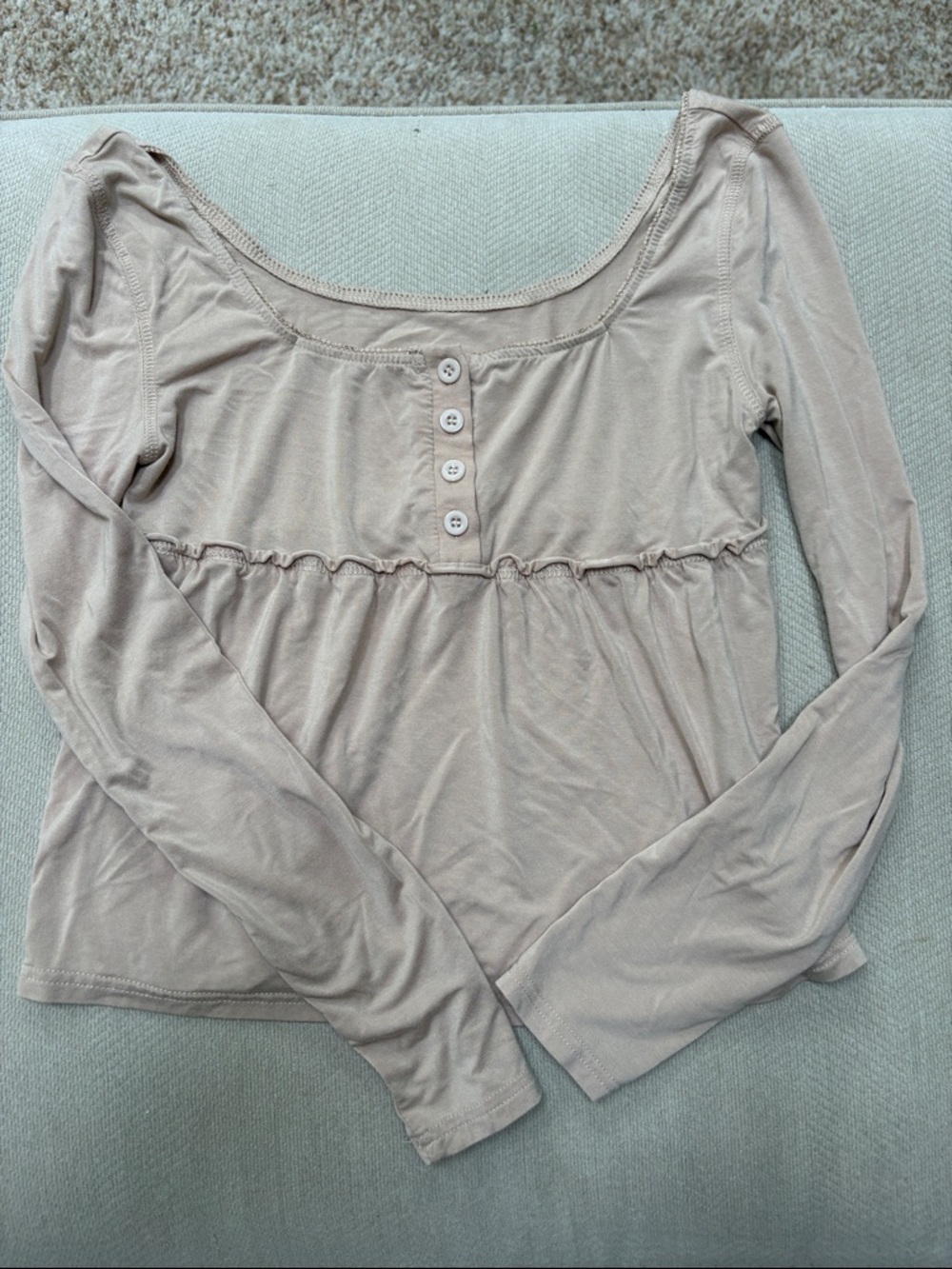 SHEIN Beige Long Sleeve Scoop Neck Button-Front Blouse
